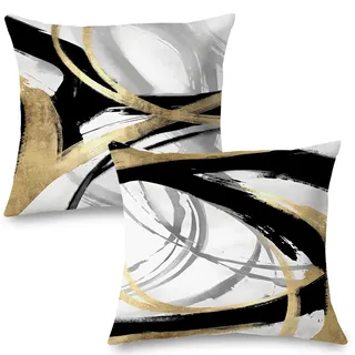 Supwhd Schwarz-Weiß- und Gold-Kissenbezüge, abstrakte Schwarze und goldene Kissenbezüge, 61 x 61 cm, Moderne Boho-Heimdekoration, schwarz-goldene Kissen, dekorative Dekokissen für Couch, Wohnzimmer,