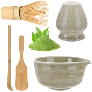 HOBEYO Matcha Set mit Matcha Besen, Matcha Schale mit Ausgießer, Besenhalter aus Keramik und Löffel, 5-teiliges Matcha-Set für Matcha-Liebhaber Entwickelt