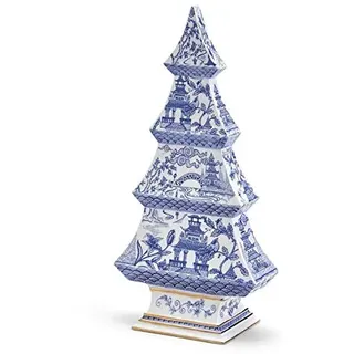 Two's Company Mini-Chinoiserie Weihnachtsbaum-Dekoration, Keramikfigur, 30,5 cm, Tischdekoration, Innendekoration, Blau und Weiß