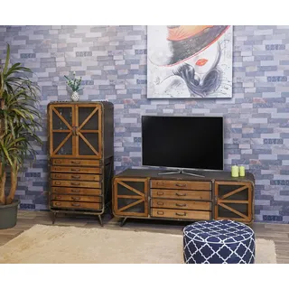 Wohnzimmer-Set HWC-F91, TV-Rack Kommode Highboard Hochschrank, Industrial Tanne Holz Metall, braun-s