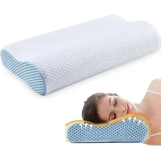 Unyqoos® Memory-Schaum Nackenstützkissen – orthopädisches, ergonomisches Visco-Nackenkissen für Seiten-, Rücken- & Bauchschläfer, mit atmungsaktivem Bambusbezug (40% Bambus/60% Polyester) - Blau, Weiß