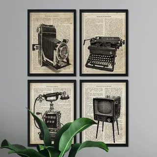 Nacnic Vintage Erfindungen Poster 4-er Set. Vintage Stil Wanddekoration Abbildung von Kamera, Telefon, Fernseher und Schreibmaschine. Verschiedene antik Bilder ohne Rahmen. Größe A4.