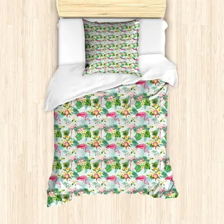 ABAKUHAUS Flamingo Mantele, Frischer exotischer Dschungel, Milbensicher Allergiker geeignet mit Kissenbezügen, 135 cm x 200 cm - 80 x 80 cm, Mehrfarbig - Weiß