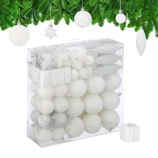 Relaxdays Weihnachtskugeln 110er Set, Kunststoff, Weihnachtsbaumdeko mit Kugeln - Lametta, Christbaumschmuck,