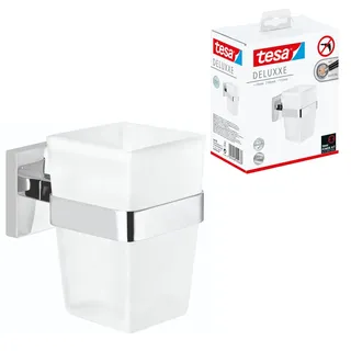 Tesa DELUXXE Zahnputzbecher mit Halterung - Becher aus Milchglas, verchromte Wandhalterung - zur Wandbefestigung ohne Bohren - 70mm x 100mm x 113mm