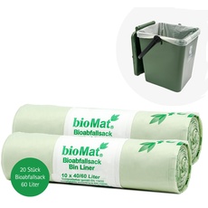 bioMat 10l kompostierbare und klimaneutrale Bioabfallbeutel mit Henkel, 52 Stk. Biomüllbeutel, DIN+ Zertifiziert, Grün