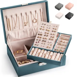 Schmuckkästchen Schmuckkoffer Abschließbarer Schmuckkasten Schmuck Kästchen Organizer für Ketten, Ohrringe, Ringe, Frauen (Grün-M)