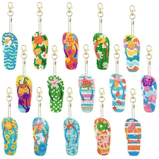 15 Stück 5D Diamond Painting Anhänger,DIY Diamant Malerei Schlüsselanhänger Kits für Kinder Erwachsene,Sommer Strand Flip-Flops Muster Schlüsselbund Strass Malerei Stickerei Kunst Ornamente Dekoration