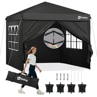 Sekey Premium Pop Up Pavillon 3x3 Wasserdicht Stabil, 3 x 3 m Pavillon mit Seitenwänden, Faltpavillon Partyzelt Faltbar für Camping Party, Höhe Verstellbar 250-270cm, (Schwarz, Mit Seitenwänden)