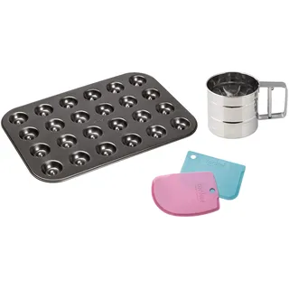 Zenker Husarenkrapfen-Set, 24er-Engelsaugen-Backblech mit Antihaftbeschichtung, Teigschaber zum Bestreichen, Puderzuckersieb zum Bestreuen, Husarenkrapferl selbst backen, Menge: 1 x 3er Set