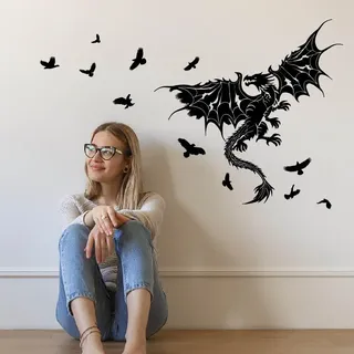 SUPERDANT Wandtattoo Fliegender Drache Fliegende Vögel Wandsticker Drachen Wandaufkleber Rustikale Klebstoffaufkleber Vinyl Wandsticker Dekor Für Kinderzimmer Schlafzimmer Wohnzimmer Wanddekoration