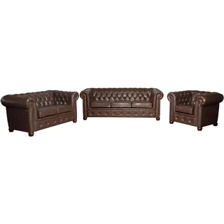 Ledersofa Couch Sofagarnitur Set 3+2 Sitzer Garnitur Design Sofa Chesterfield - Braun