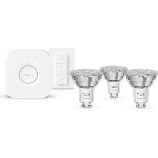 Philips Hue Starter Kit, Weiße und farbige Ambiente-Beleuchtung, 1 Bridge + 3 GU10 LED Spots + 1 Dimmschalter - Bunt