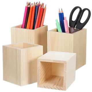 Amosfun Blanko Holz Stifthalter 4Er Set 3.94X3.15In Leerer Stiftehalter FüR Schreibtisch Diy Organizer FüR BüRo Und Zuhause