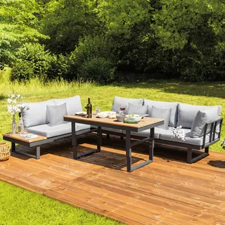 Gardenson Loungegarnitur , Anthrazit, Braun, Grau , Holz, Metall , 17-teilig , Akazie , Hartholz , Füllung: Polyester,Polyester,Polyester , L-Form , 210x75x210 cm , Tisch höhenverstellbar, UV-beständig, wetterfest , Gartenmöbel, Loungemöbel, Loungegarnituren