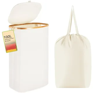 Wäschekorb -100L Waschbarer und hygienischer Groß Wäschesammler schmal mit herausnehmbarem Wäschesack-Wäschekorb mit Deckel & Bambusrand - Wäscheboxen - waschkorb (Weiß)