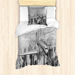 ABAKUHAUS Jahrgang Mantele, Fliegendes Flugzeug in New York, Milbensicher Allergiker geeignet mit Kissenbezügen, 135 cm x 200 cm - 80 x 80 cm, Schwarz und weiß - Weiß