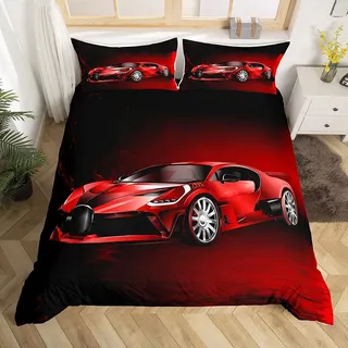 Loussiesd Sportwagen Drucken Bettbezug-Set Rot Rennwagen Bettwäsche Set 135x200cm Kinder Jungen Mädchen Extremsport Themen Bettwäsche Cool Speed Luxus-Auto-Dekor Bettbezug mit 1 Kissenbezug