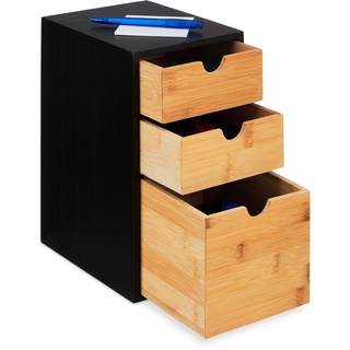 Relaxdays Schubladenbox, Bambus, 3 Schubladen, HxBxT: 28 x 17 x 21,5 cm, Schreibtisch Organizer, Büro, Natur/schwarz