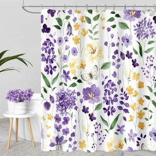 MAYZUS Duschvorhang mit Blumenmuster, Stoff-Duschvorhang für Badezimmer, Wasserfarben, Wildblumen, Schmetterlinge, Stoff-Duschvorhang-Set mit Haken, 183 x 183 cm, Violett/Gelb