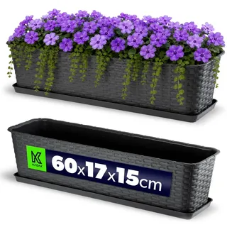 KADAX Blumenkasten 60 cm, ca. 12L Anthrazit mit Untersetzer, Rattan-Optik – Pflanzkübel für Balkon oder Terrasse, robuster Balkonkasten