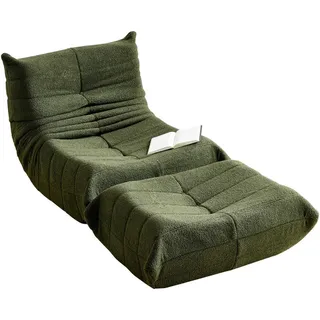 Wishdor Sitzsack Stoff Dunkelgrün mit Fußstütze, gepolsterter Loungesessel mit breiter Sitzfläche , Grün , Textil , Rechteckig , 85x79x114 cm , Wohnzimmer, Sessel, Sitzsäcke, XXL Sitzsäcke