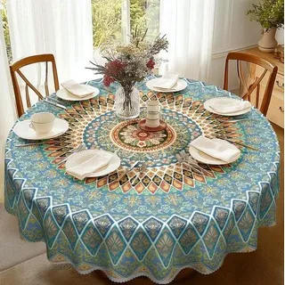 Rundes Tischdecken Set 150 cm Waschbar, Boho Blumen Tischdecken Blauw Tischdecken für Garten, Außen, Wasserfest, Weerbeständig, Polyester, für Küche, Garten, Essplatz, Party - Blau