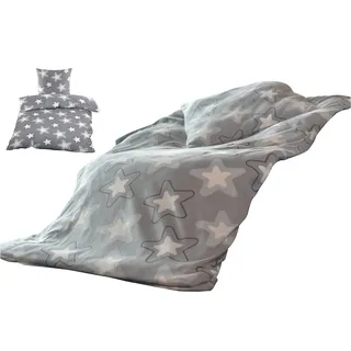 YOUNG DA – Fleece Bettwäsche Sterne Grau Weiß, Microfaser Taupe Flausch Thermofleece, 2tlg.Set Bettbezug 135x200 cm Kissenbezug 80x80 cm