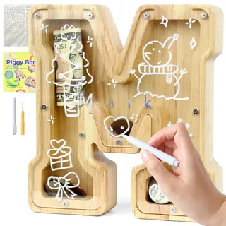 Lakpopya Personalisierte Durchsichtige Kinder Spardose für Jungen & Mädchen - Holz A-Z mit Zielbereich, Aufkleber & Marker - Taufe Geschenk Dekoration (M)