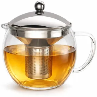 Teekanne Glas 1,5L mit Sieb – Tropffrei Glasteekanne aus Borosilikat, Edelstahl Filter, Deckel aus Edelstahl (Silber), großer Teebereiter für losen Tee