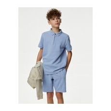 Boys M&S Collection Cotton Blend Polo Shirt and Shorts Set (6-16 Yrs) - Light Steel Blue, Light Steel Blue - 11-12