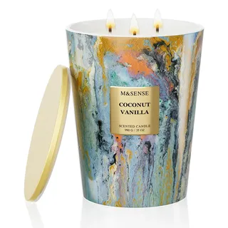 M&SENSE Große Duftkerze im Glas,Coconut Vanilla Scented Candle, 150 Std Brenndauer mit 3 Dochten, XXL-Kerze aus 990g Sojawachs zur Entspannung, Geschenk für Frauen, Weihnachten, Geburtstag, Muttertag
