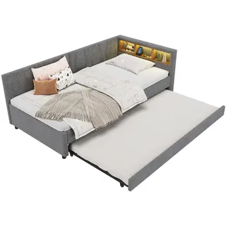 Okwish Daybett 90/200 cm Grau mit Ablagefach und LED-Beleuchtung aus Leinen , Textil , 90x200 cm , Schlafzimmer, Betten, Polsterbetten