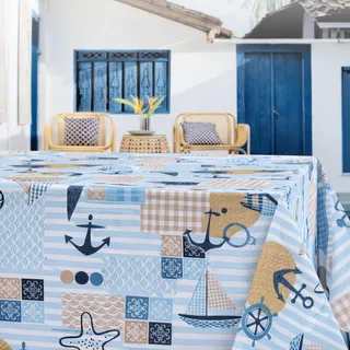 KP HOME Premium Maritim Abwischbare Tischdecke – Rechteckige 300 x 140 cm wasserdichte PVC Tischdecke – Blau Kunststoff Wachstuchtischdecke – Wachstuch für Küche, Esszimmer und Außenbereich