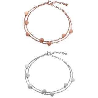 Cupimatch 2PCS Herz Armband Damen Fusskettchen Herzen Armkette Silber rosegold Fußkette Fusskette, Doppelt Kette Armband für Frauen Mädchen, 23cm