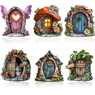 UJBVCX 6PCS Feentür Wichteltür, Miniatur-Holztüren für Garten, Vintage Elfen Tür Miniatur Yard Ornamente für Garten Yard Bäume Stil