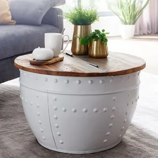 FineBuy Couchtisch Mango Massivholz Ø60cm Wohnzimmertisch Sofatisch Stauraum - Weiß