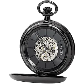 REGENT Herren Taschenuhr mit mechanischem Handaufzugswerk Glasboden mit Sicht auf das Skelett Uhrwerk mit Edelstahl Klappdeckel