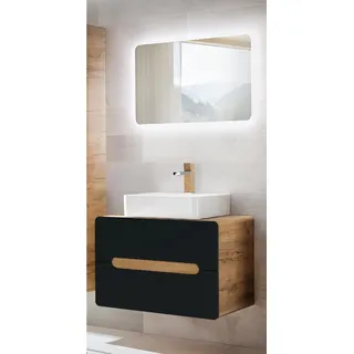 Badmöbel Waschplatz Set mit Keramik-Waschtisch NEW-LUTON seidenmatt anthrazit mit Wotan Eiche Nb. B/H/T ca. 80/200/46 cm - Grau