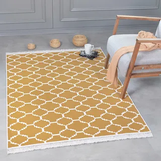 Kurzflor Teppich Läufer - Boho Kelim Teppich, Wohnzimmerteppich, Schlafzimmer und Küchenteppich, Flur Teppich, 140 x 200 cm, Morocco-Gold-Weiß - Gold