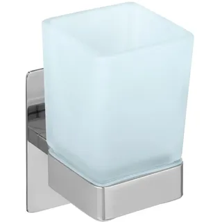 Wenko Turbo-Loc Zahnputzbecher Genova Shine, Wandhalter mit Becher zum Befestigen ohne Bohren mit Klebepad-System, Halter aus Edelstahl, Becher aus satiniertem Glas, 6,2 x 13,2 x 9 cm, Glänzend