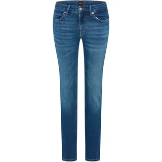 Slim-fit-Jeans BOSS ORANGE "JACKIE MR 10.0 Premium Damenmode", Damen, Gr. 30, Länge 30, blau (dunkelblau 402), Denim/Jeans, Obermaterial: 92% Baumwolle, 6% Polyester, 2% Elasthan, slim fit lang, Jeans Slim-fit-Jeans, mit mittlerem Bund, Power-Stretch-Denim