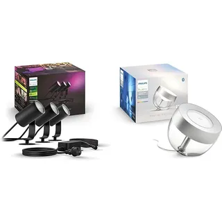 Philips Hue White & Color Ambiance Lily Gartenstrahler 3-er Pack & White & Color Ambiance Iris Tischleuchte Special Edition Silber 520lm