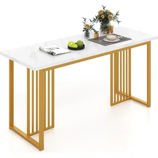 COSTWAY Esszimmertisch Holz 160x60cm, rechteckiger Küchentisch mit Marmoroptik & Metallbeinen, Esstisch für 6-8 Personen, großer Tisch weiß golden - Weiß, Gold