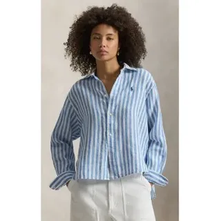 Polo Ralph Lauren für Damen. 211935130500 Kurzes, weites blaues Leinenhemd (M), Lässig, Baumwolle, Langarm