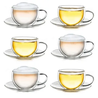 Creano Thermo-Tasse doppelwandige Tee-/Latte Macchiato Cappuccino Tasse mit Untersetzer 250ml, 6er Set
