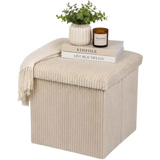 Relaxdays Sitzwürfel, faltbar, Sitzhocker mit Stauraum, Kordsamt, beige | quadratisch, mit Deckel, Samthocker 38x38x38 cm