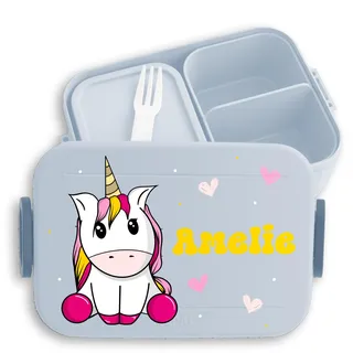 Shirtracer Mepal Lunchbox Kinder personalisiert Einhorn Name Herzchen | Hellblau, 900 ml, Brotdose, mit Fächern, Schule, spülmaschinenfest, Midi, Vesperbox, Kindergarten, Einschulung, Fantasy