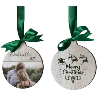 Foto Weihnachtskugeln aus Holz - personalisierter Weihnachtsbaum Anhänger - amerikanische Weihnachtsdeko für den Tannenbaum - Baumschmuck Geschenkanhänger außergewöhnlich