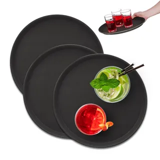 Relaxdays Serviertablett 3er Set, rund Ø 35 cm, Bartablett, rutschfeste Oberfläche, Kellnertablett Gastronomie, schwarz